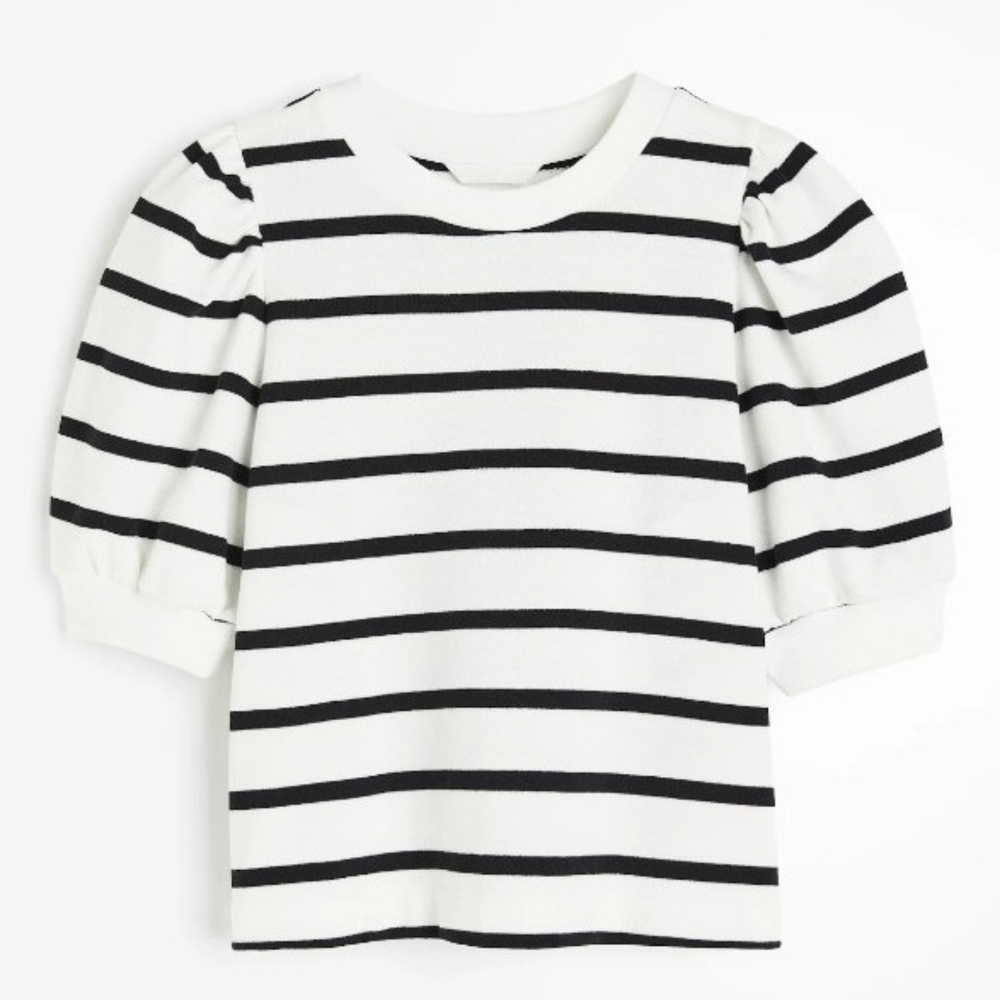 Women's Black and White Striped Short Puff Sleeve Top L